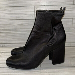 Marc Fisher Boots Black Satin Janie Zip Ankle Bootie Block Heel